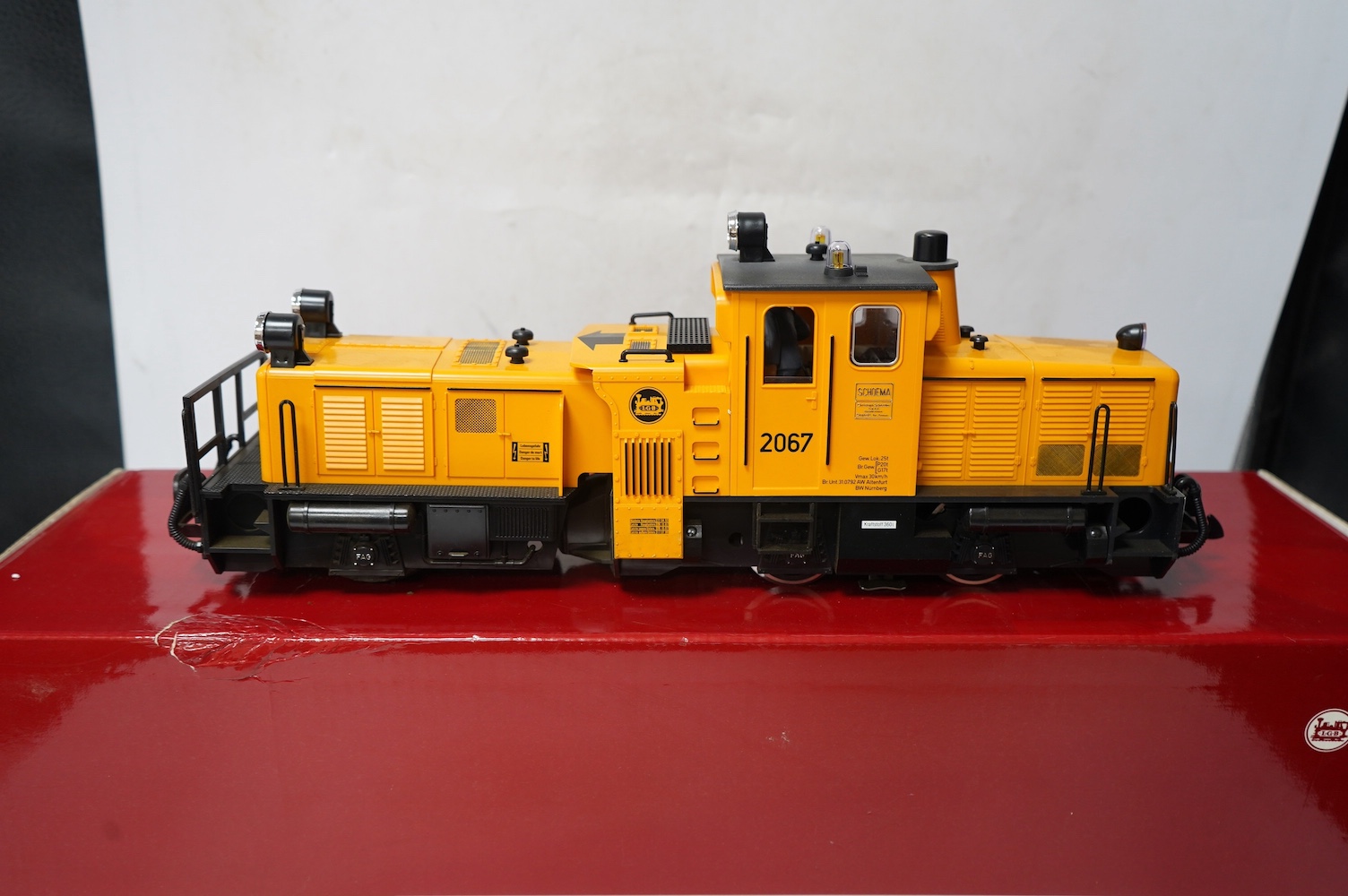 A boxed Lehman LGB (2067) G scale railway Schoema diesel rail cleaning locomotive, 2067, in yellow livery. Condition - good, some evidence of running wear.